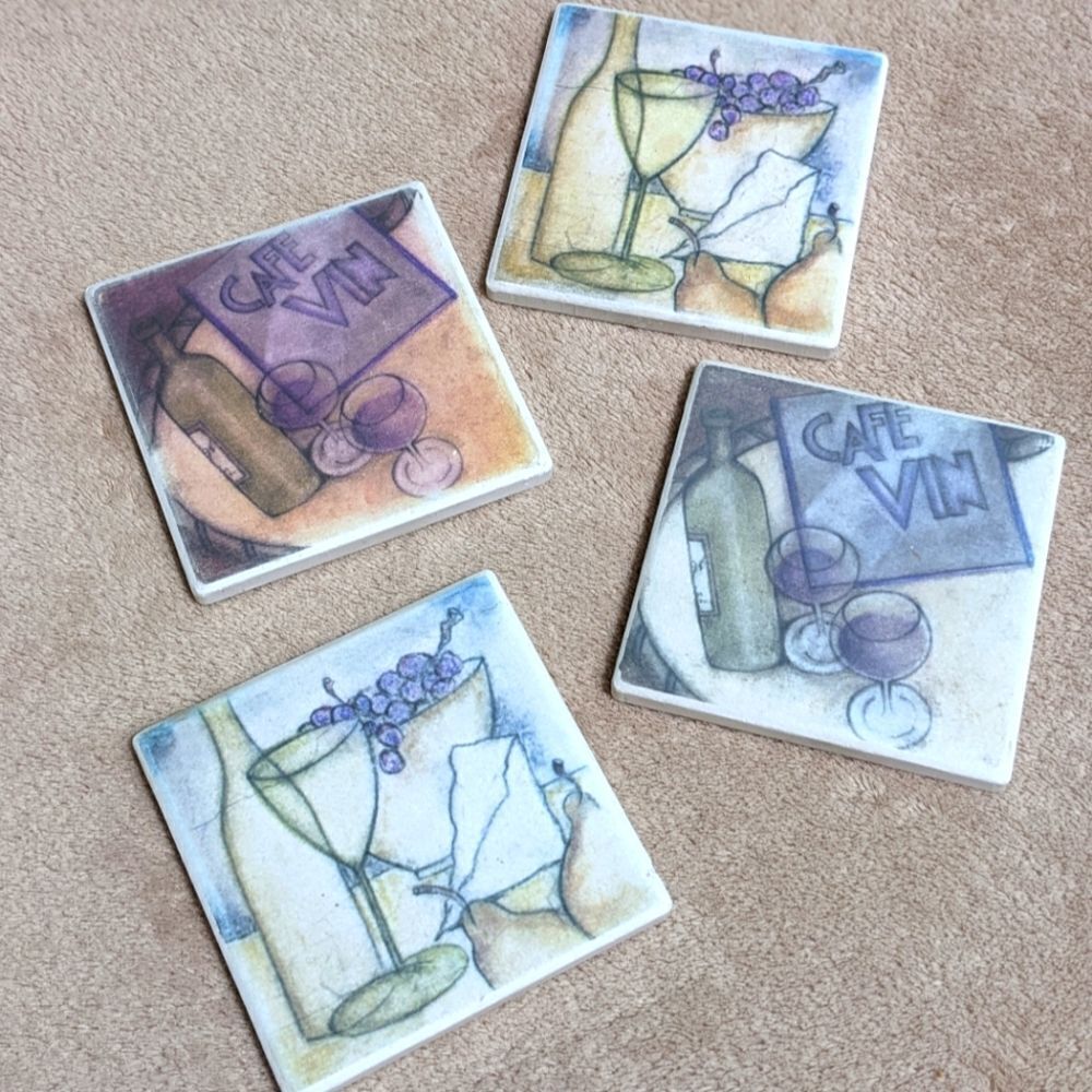 NWOT Beautiful Ceramic Wine Motif Drink Coasters - Qty 4